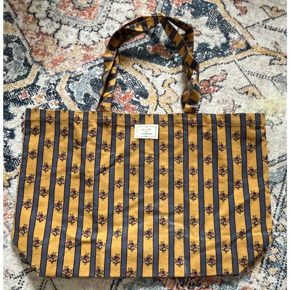 Sézane x Maria de la Orden Large Tote Bag Striped Floral Yellow Blue Open